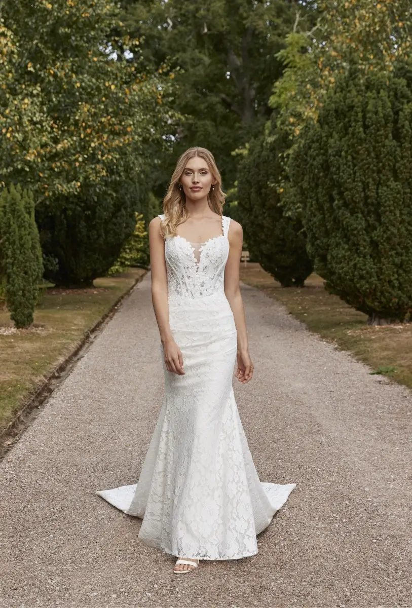 Kitty lace fit-and-flare wedding dress by Romantica of Devon
