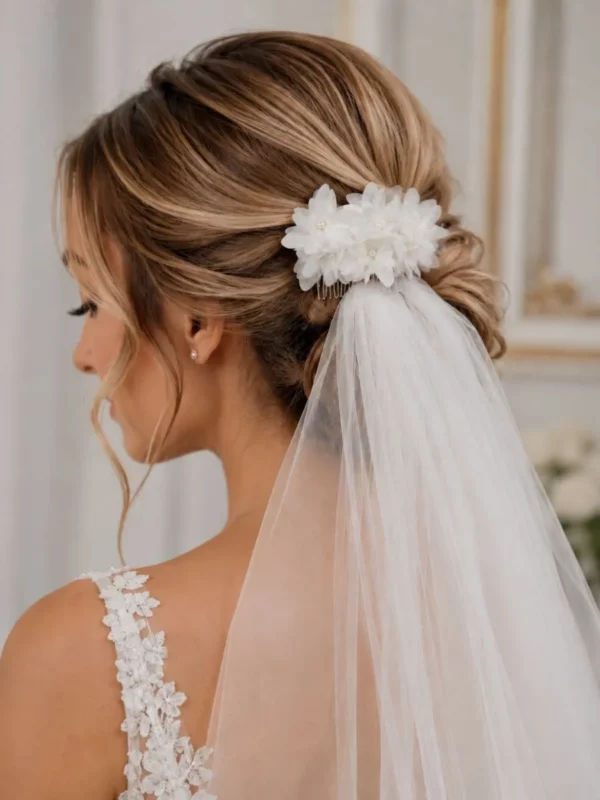Bride wearing Richard Designs CP406 Five Flower Satin and Organza Comb with a veil.