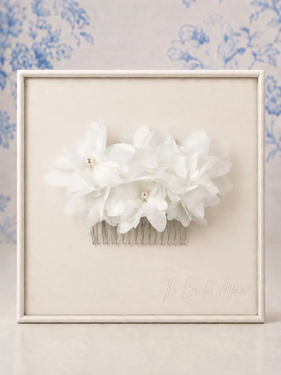 Richard Designs CP406 Five Flower Satin and Organza Bridal Comb on ivory display.