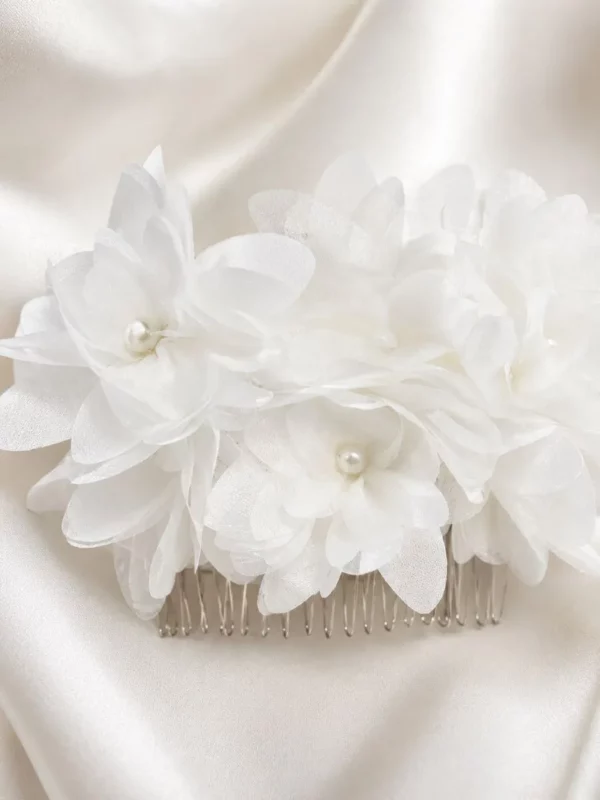 Close-up of CP406 satin and organza flower comb with pearl centres.