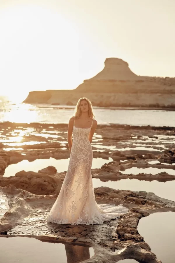 Cher Eva Lendel Wedding Dress front in sunset