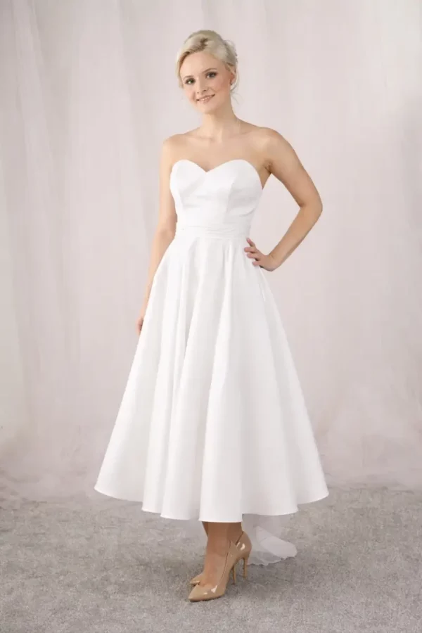 EB7513 &ndash; Tea-Length Satin Wedding Dress with Chiffon Streamers front ivory