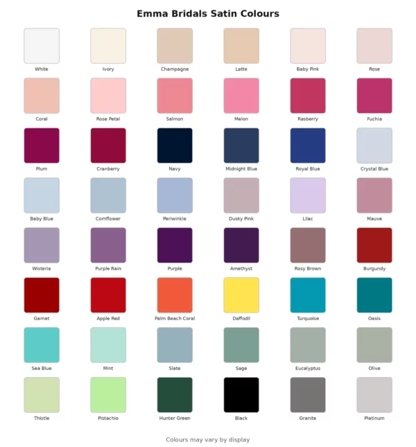 Emma Bridals satin colour chart