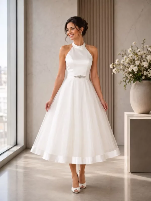 Sandy &ndash; Tea-Length Satin Wedding Dress