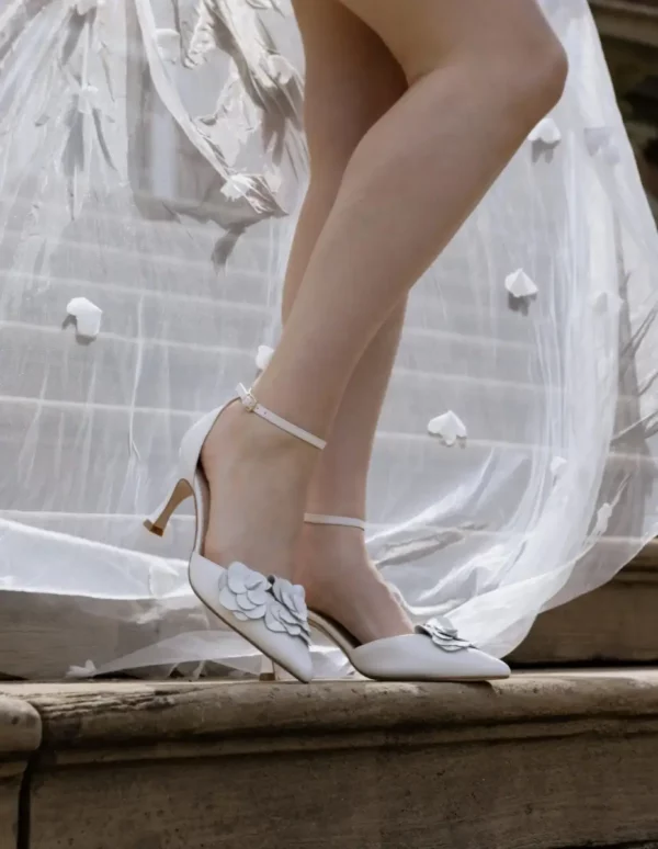 Valentina Ivory Pointed Toe Shoe with Flower Trim
