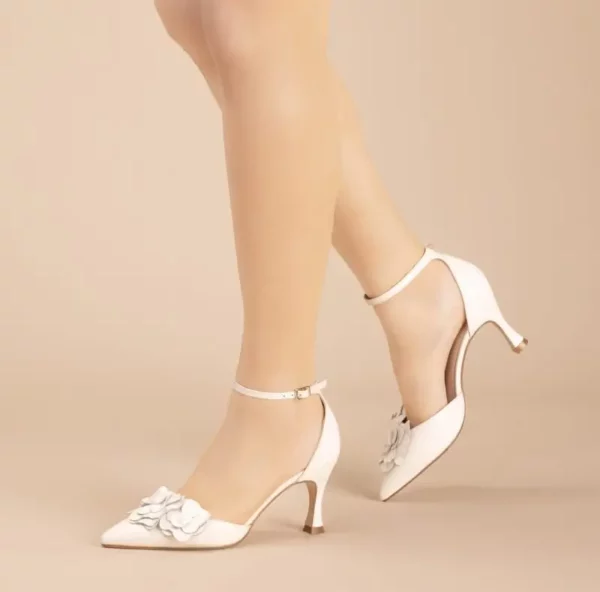 Valentina Ivory Pointed Toe Shoe with Flower Trim
