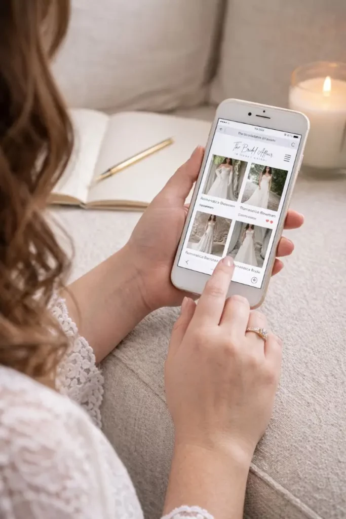 Bride browsing off-the-peg wedding dresses online with detailed dress filters at The Bridal Affair
