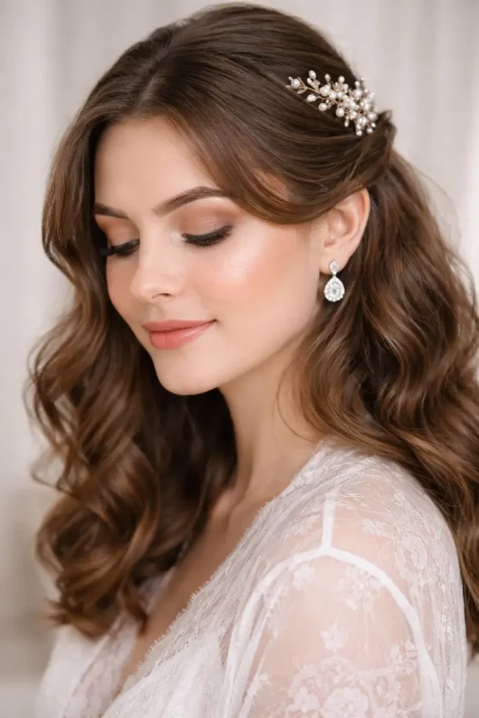 Soft bridal hair and natural makeup before a wedding dress appointment