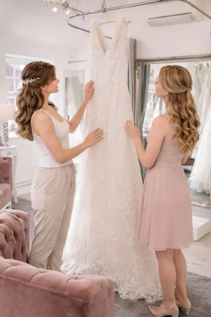 Bride and friend looking at a wedding dress before the appointment