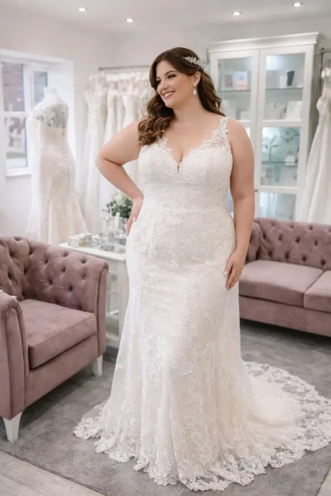 Curvy bride in a bridal appointment setting at The Bridal Affair & Curvy Bridal