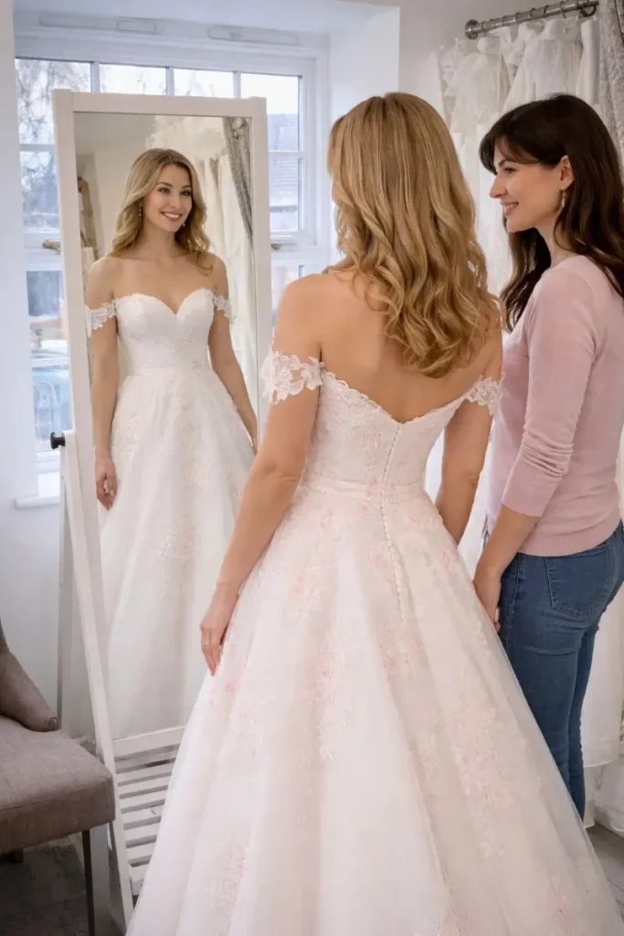 Bride trying on an off-the-peg wedding dress at The Bridal Affair near York
