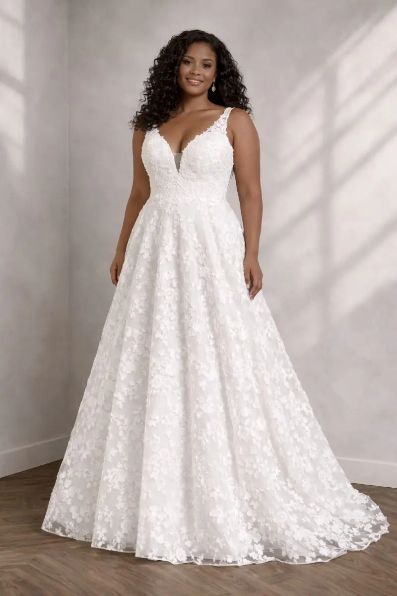 Front view of Reina Curve plus size lace A-line wedding dress by Romantica of Devon