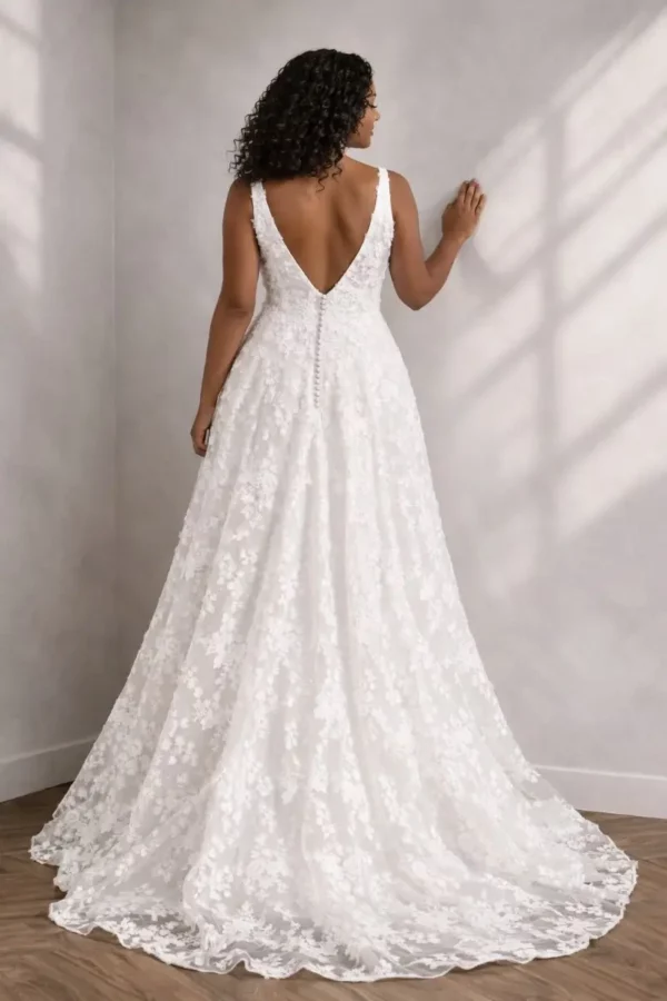 Romantica of Devon Reina Curve wedding dress back view with floral lace train