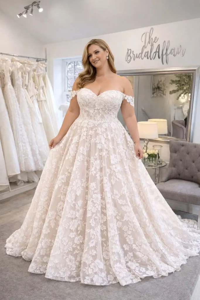 Curvy bride in a full-length floral lace wedding dress in the boutique at The Bridal Affair & Curvy Bridal