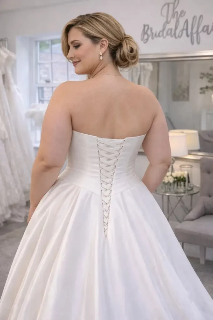 Back detail of a wedding dress with lace-up corset fastening at The Bridal Affair & Curvy Bridal