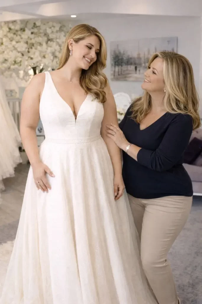 Bride with consultant Lisa during a supportive bridal appointment at The Bridal Affair & Curvy Bridal