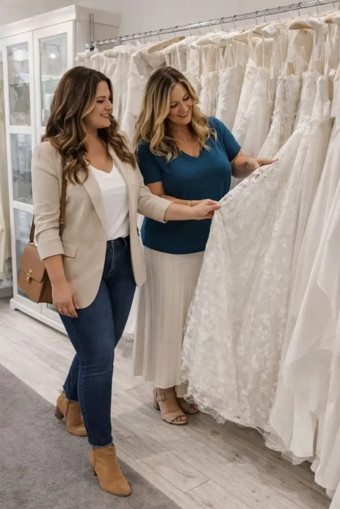 Bride and consultant looking at wedding dresses on the rail