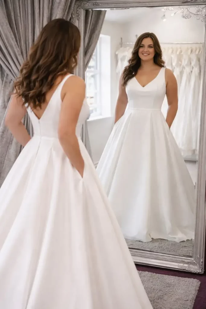 Bride looking at her wedding dress in the mirror during her bridal appointment