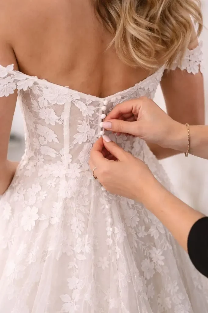 Personal styling support during an off-the-peg wedding dress appointment at The Bridal Affair near York