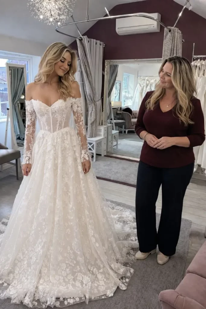 Bride trying on a lace wedding dress with consultant Lisa in the fitting room