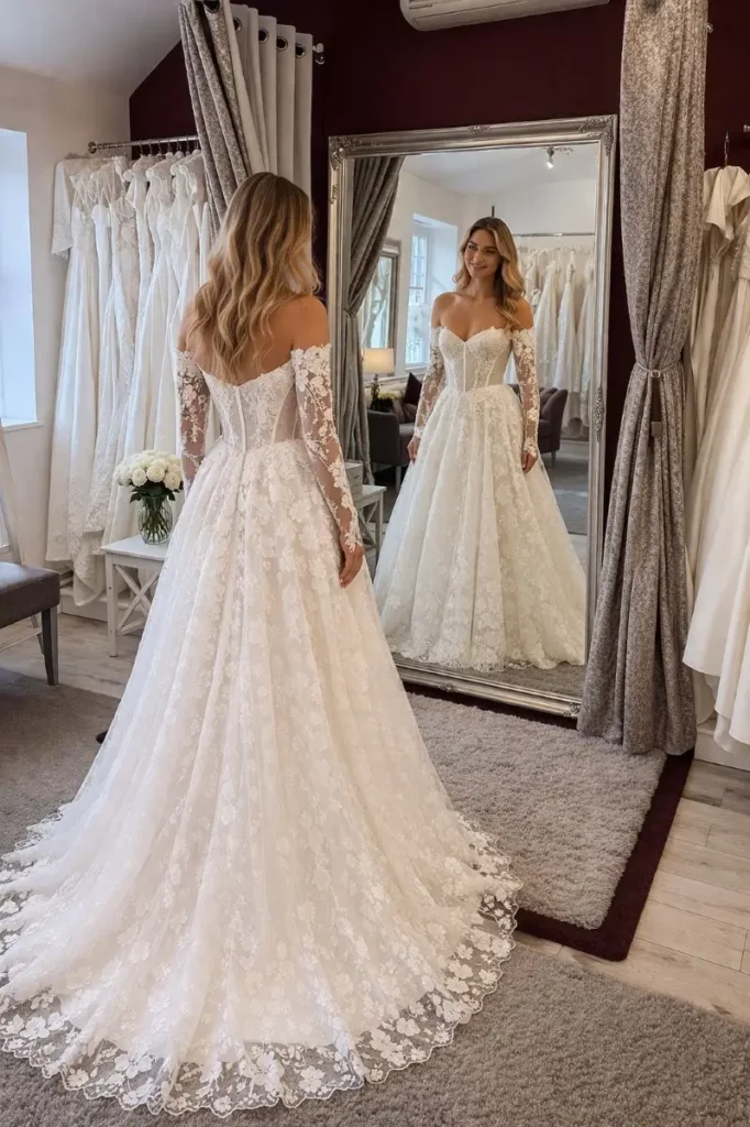 Bride seeing her wedding dress in the mirror during her bridal appointment