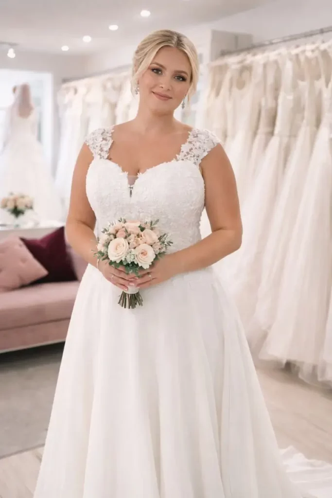 Plus size bride trying on a wedding dress at The Bridal Affair bridal boutique near York