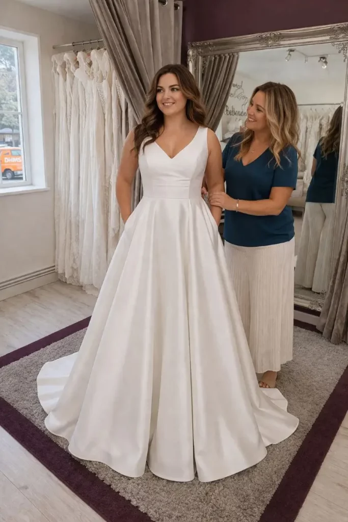 Bride trying on a wedding dress with Lisa in the fitting room
