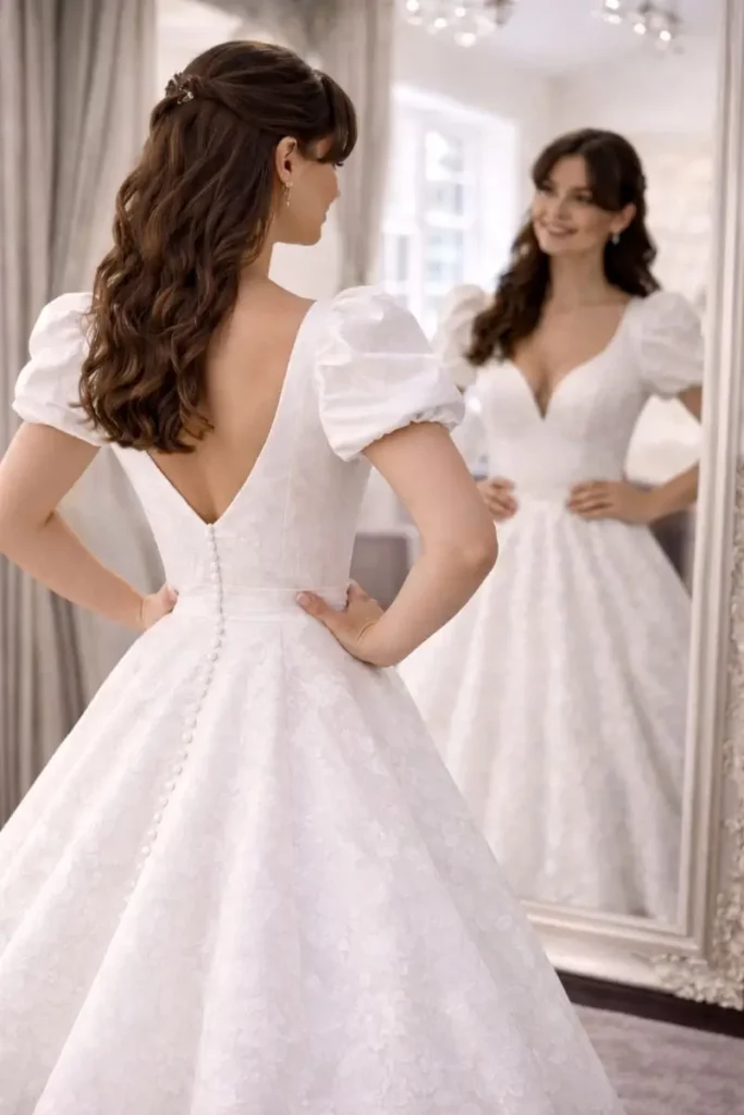 Bride checking the fit of her wedding dress in the mirror during a boutique fitting