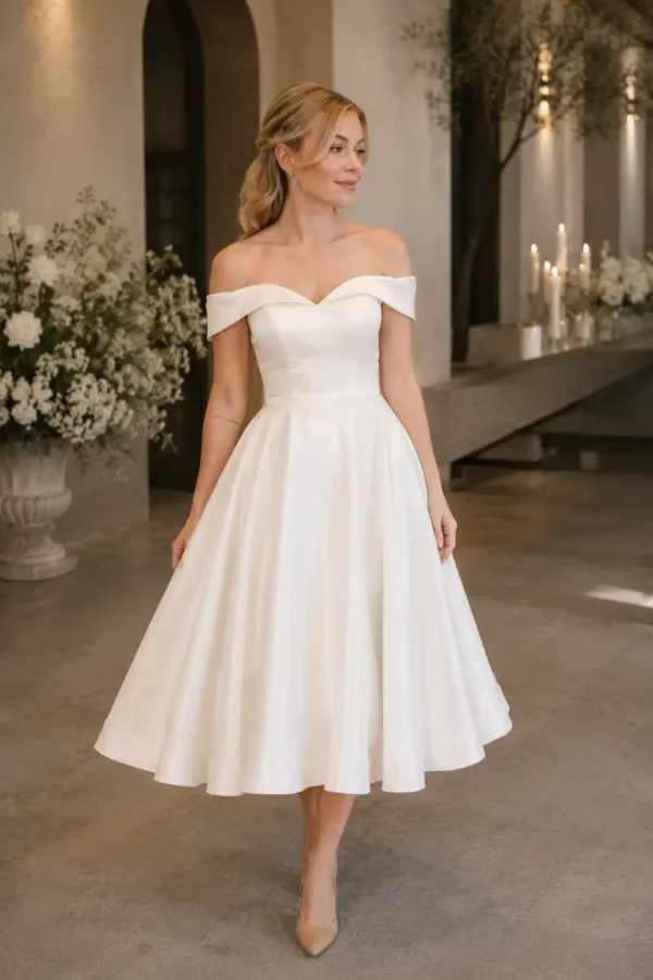 Emma Bridals EB7834 ivory tea-length satin bridal dress with off-shoulder neckline