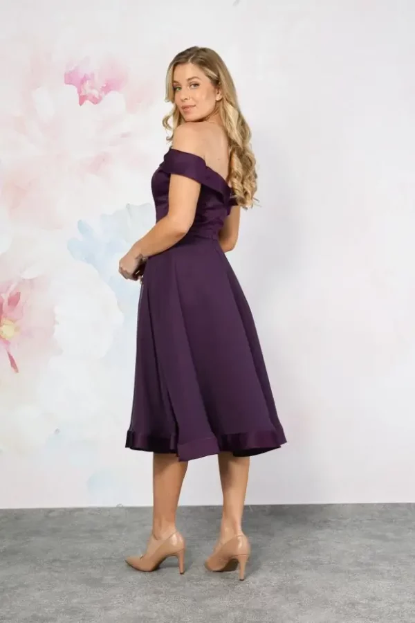 Emma Bridals EB7834 ivory tea-length satin bridal dress with off-shoulder neckline amethyst