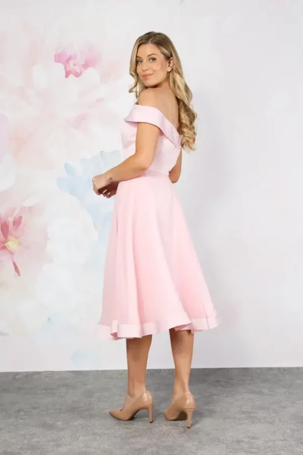 Emma Bridals EB7834 ivory tea-length satin bridal dress with off-shoulder neckline rode petal back