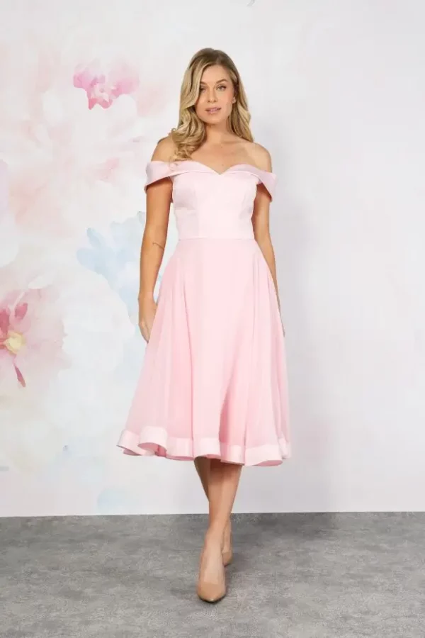 Emma Bridals EB7834 ivory tea-length satin bridal dress with off-shoulder neckline rose petal