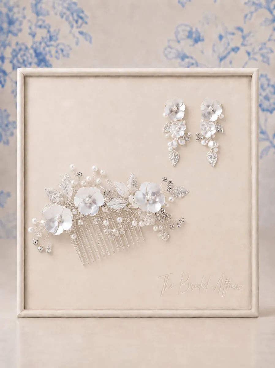Athena 7702 Matching Clip and Earring Set displayed on ivory satin frame.