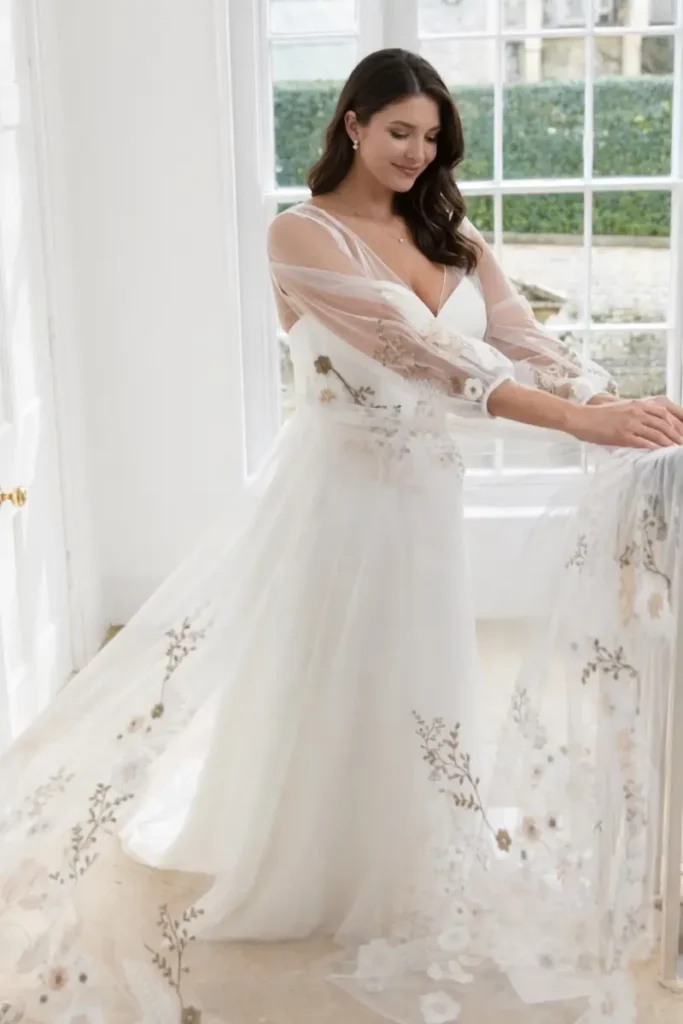 Embroidered bridal veil styled with a floral wedding gown
