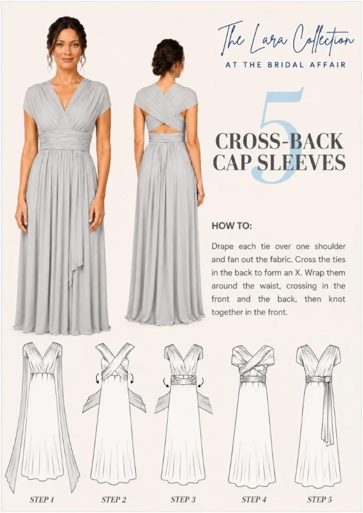 Step-by-step guide showing how to tie a Lara multiway bridesmaid dress in style five Cross-Back Cap Sleeve