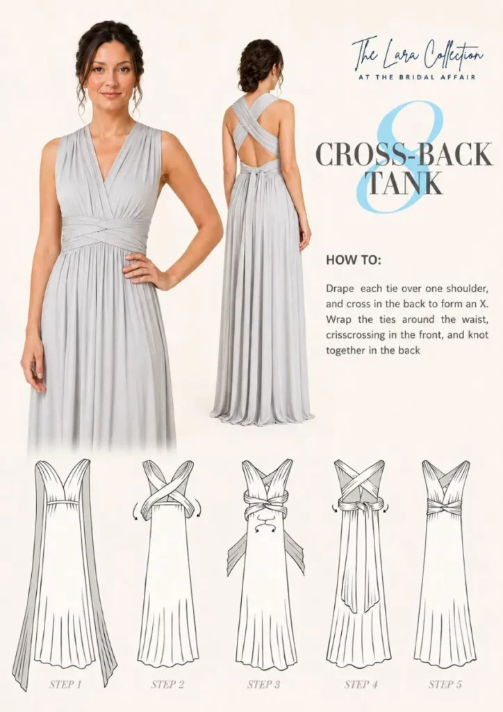 Step-by-step guide showing how to tie a Lara multiway bridesmaid dress in style eight cross-back tank