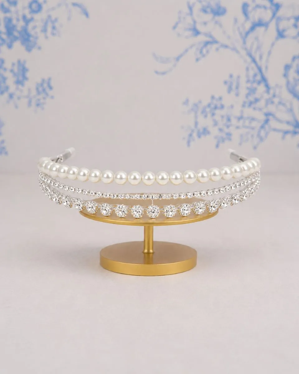 Richard Designs TR2646A sparkle pearl multi row bridal hairband with silver crystal detail on gold stand