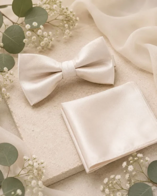 Bow tie and pocket square from The Groomsmen Collection designed to coordinate with selected bridesmaid dress colours