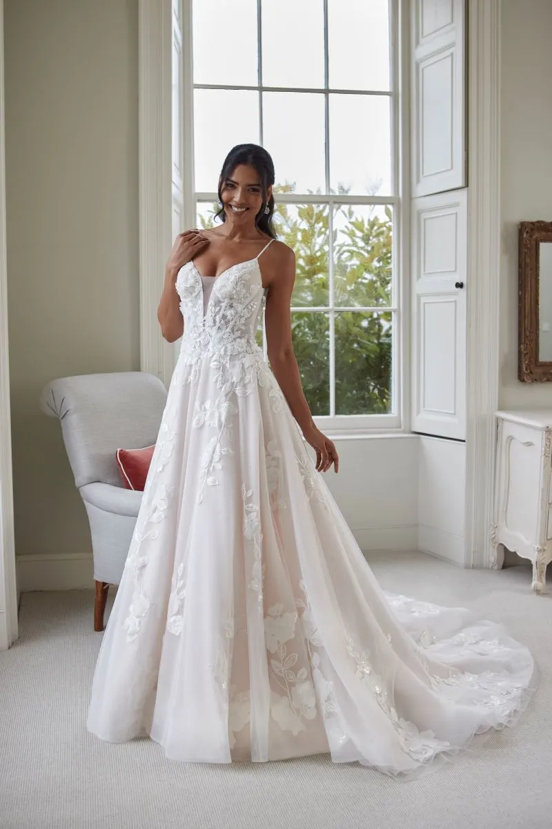 Elspeth by Romantica of Devon floral A-line wedding dress with deep V-neckline and sweeping train