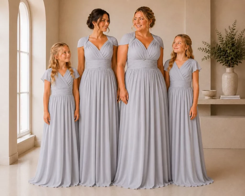 Adult and junior bridesmaids wearing dove grey Lara multiway dresses