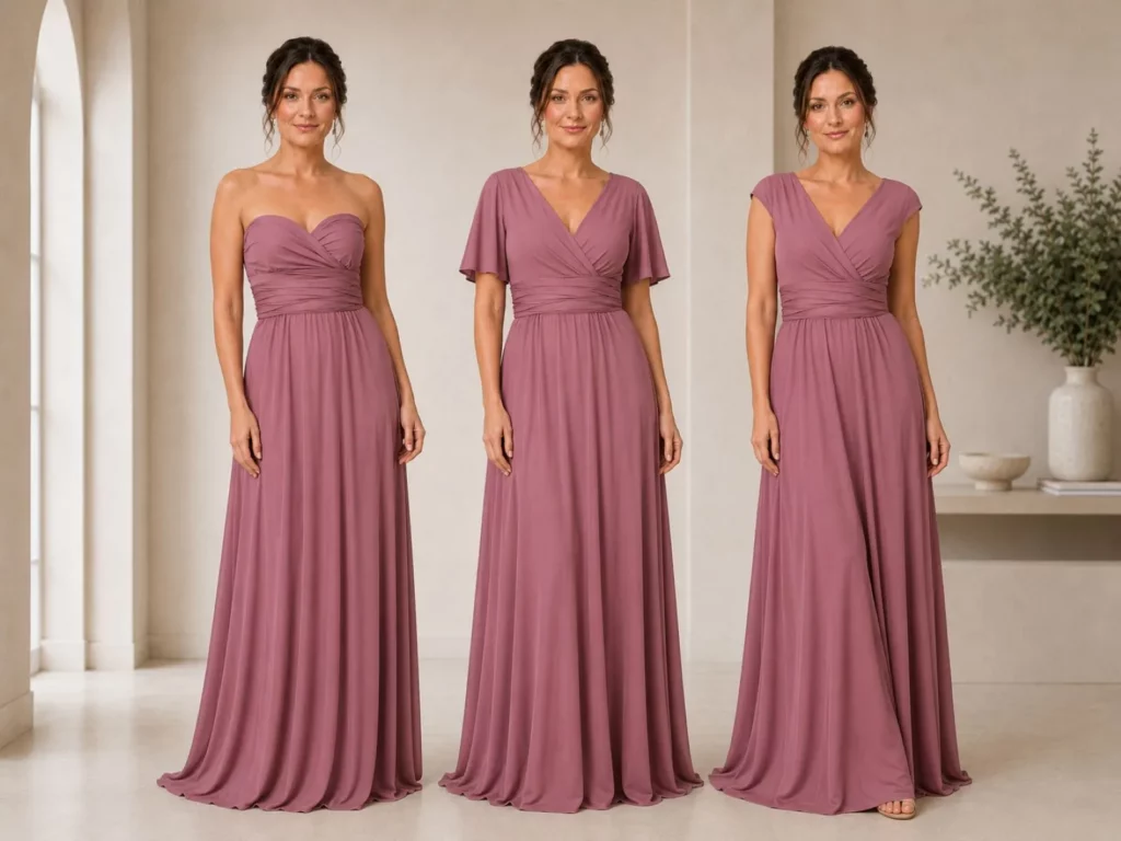 Three styling options for a dusky rose Lara multiway bridesmaid dress
