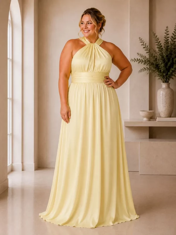 Satin multiway bridesmaid dress from The Lara Collection styled for a coordinated bridal party lemon