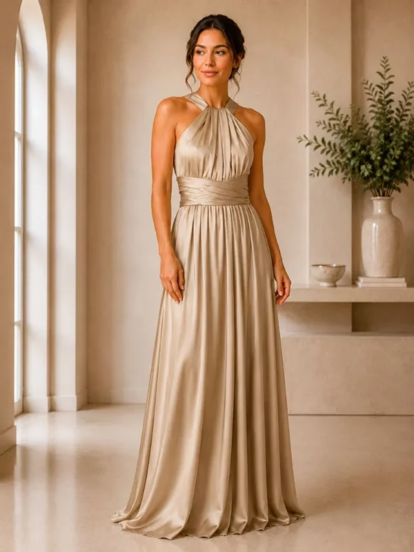 Satin multiway bridesmaid dress from The Lara Collection styled for a coordinated bridal party gold