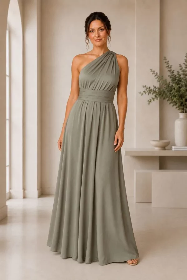 Satin multiway bridesmaid dress from The Lara Collection styled for a coordinated bridal party shown in olive