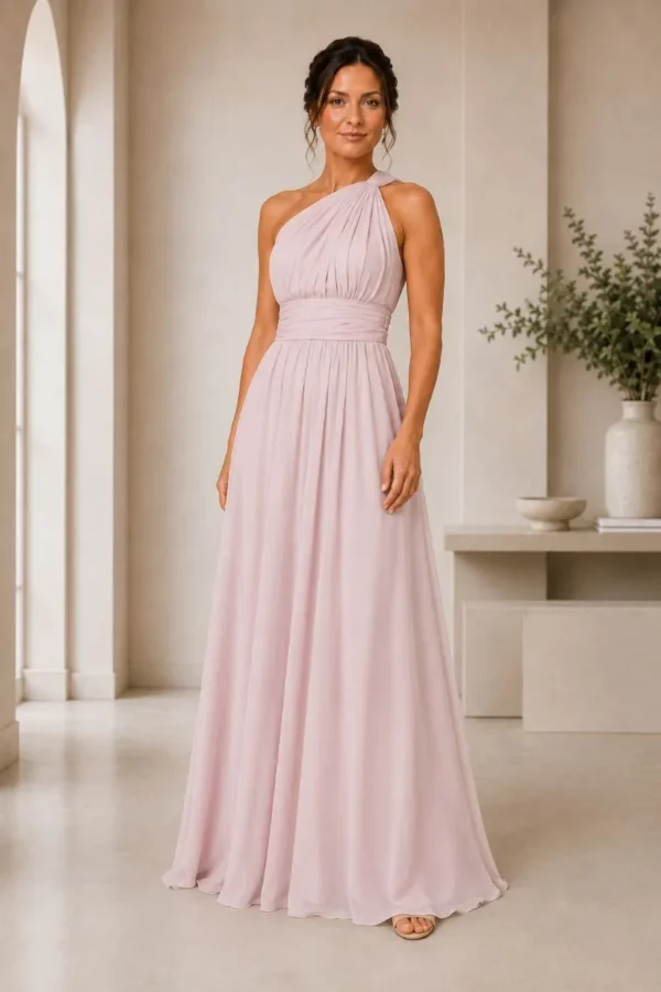 Satin multiway bridesmaid dress from The Lara Collection styled for a coordinated bridal party rose