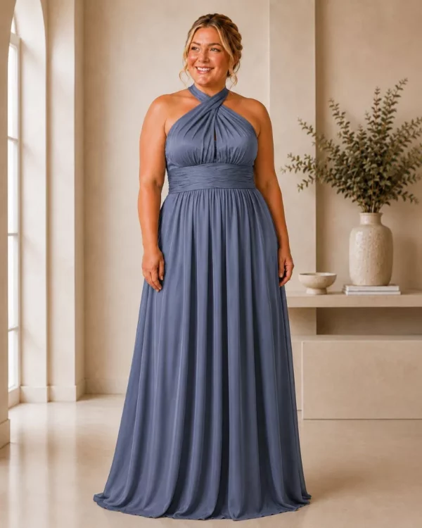 Satin multiway bridesmaid dress from The Lara Collection styled for a coordinated bridal party slate blue