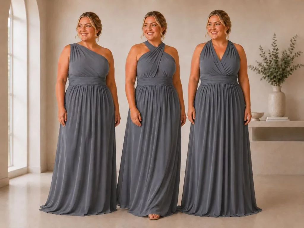 Curvy bridesmaid wearing slate grey Lara multiway dress in different styles