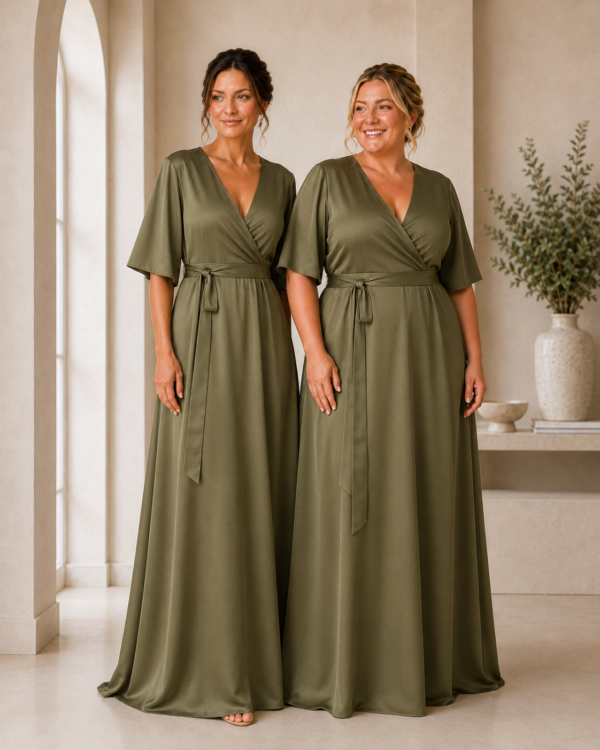 Satin flutter sleeve wrap bridesmaid dress from The Ophelia Collection styled for a coordinated bridal party