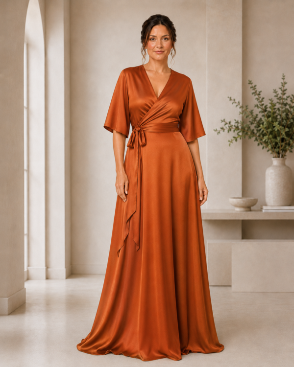 Satin flutter sleeve wrap bridesmaid dress from The Ophelia Collection styled for a coordinated bridal party copper
