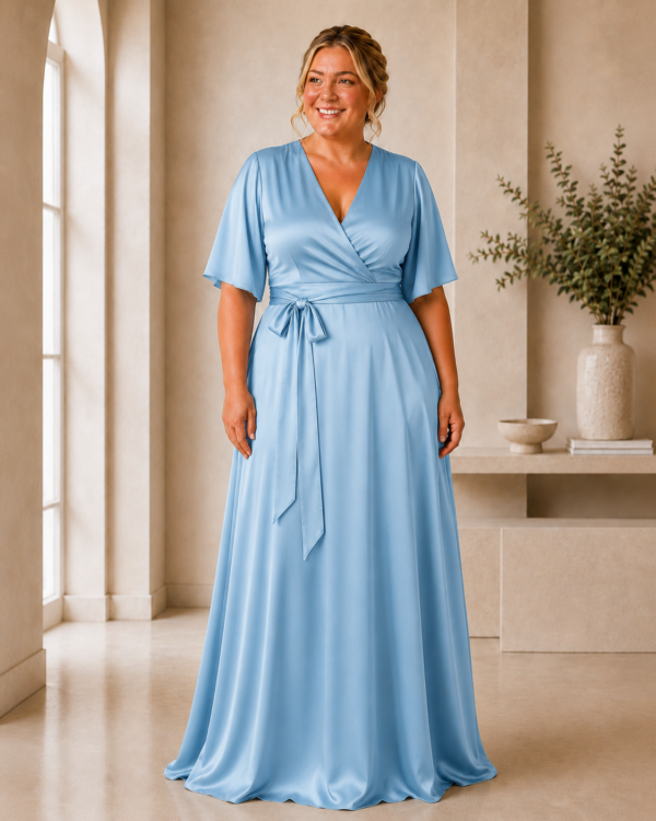 Satin flutter sleeve wrap bridesmaid dress from The Ophelia Collection styled for a coordinated bridal party cornflower